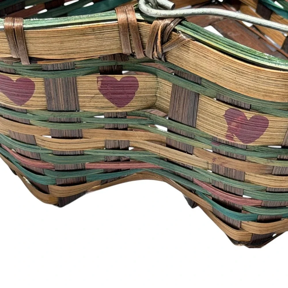 Vintage Heart Shaped Woven Basket Wood Handle Primitive Farmhouse Cottage Decor